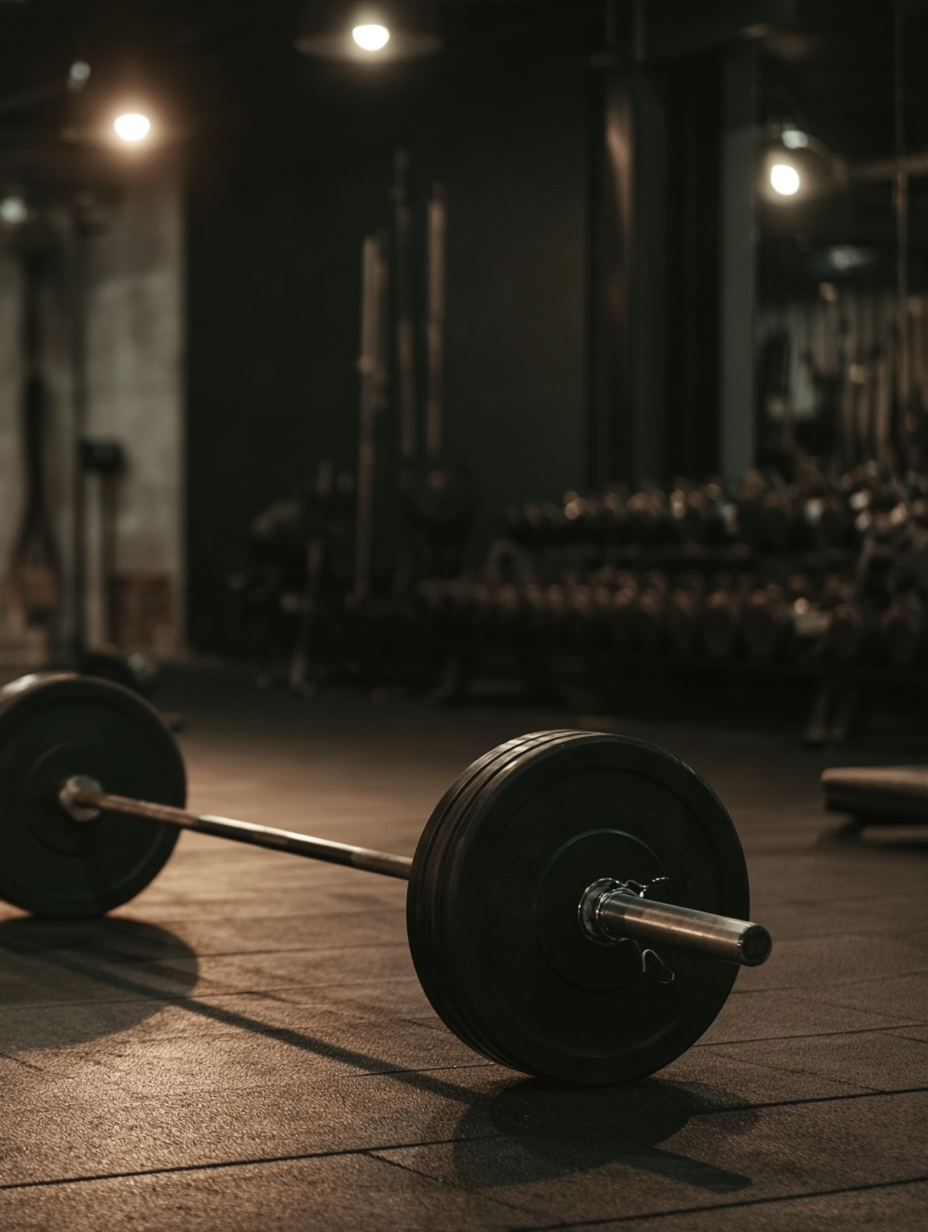 Loaded barbell resting on a rubber gym floor with dumbbell racks and pendant lights in the background