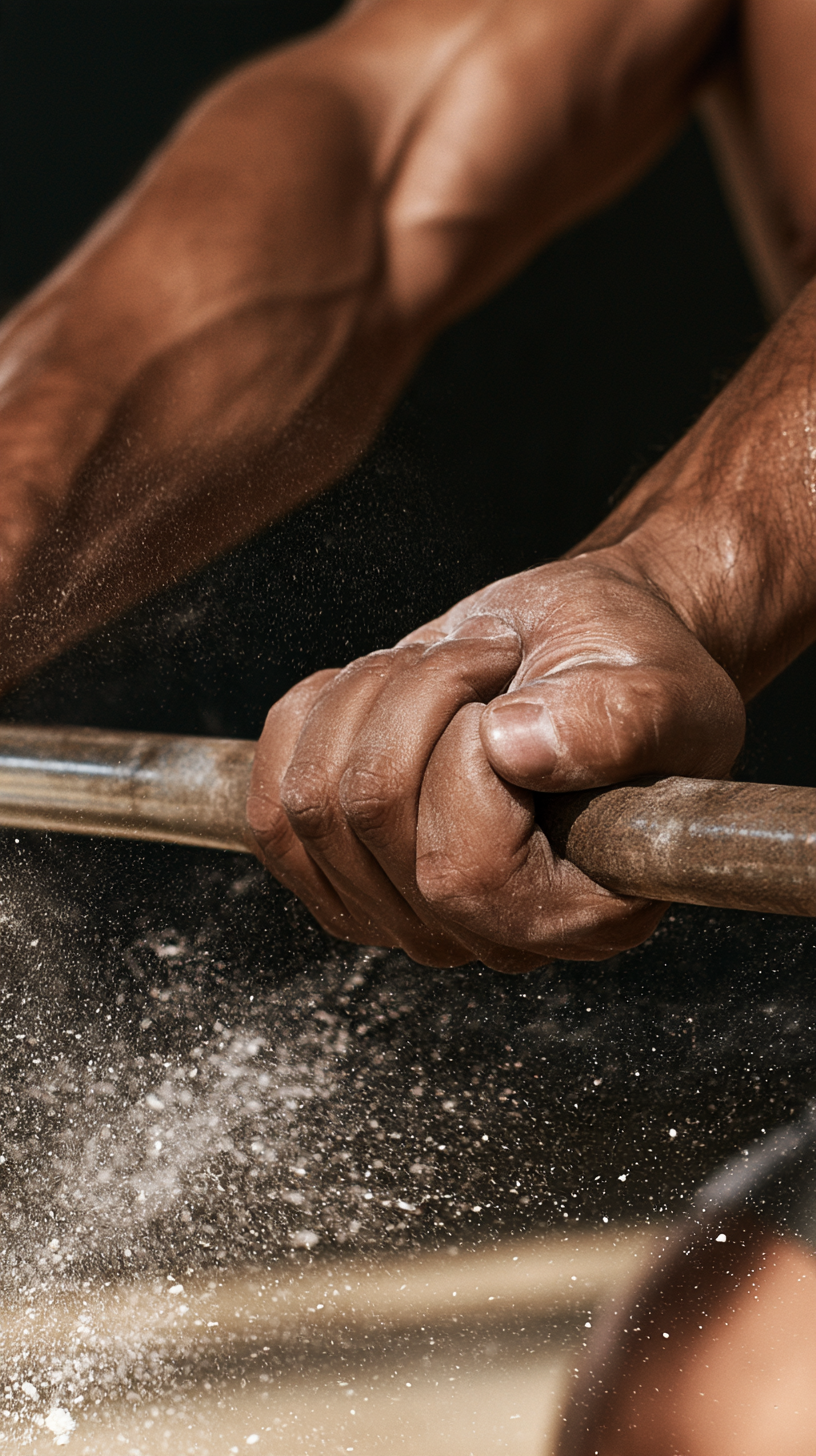 Extreme close-up of chalked hands gripping a barbell as chalk dust flies through the air