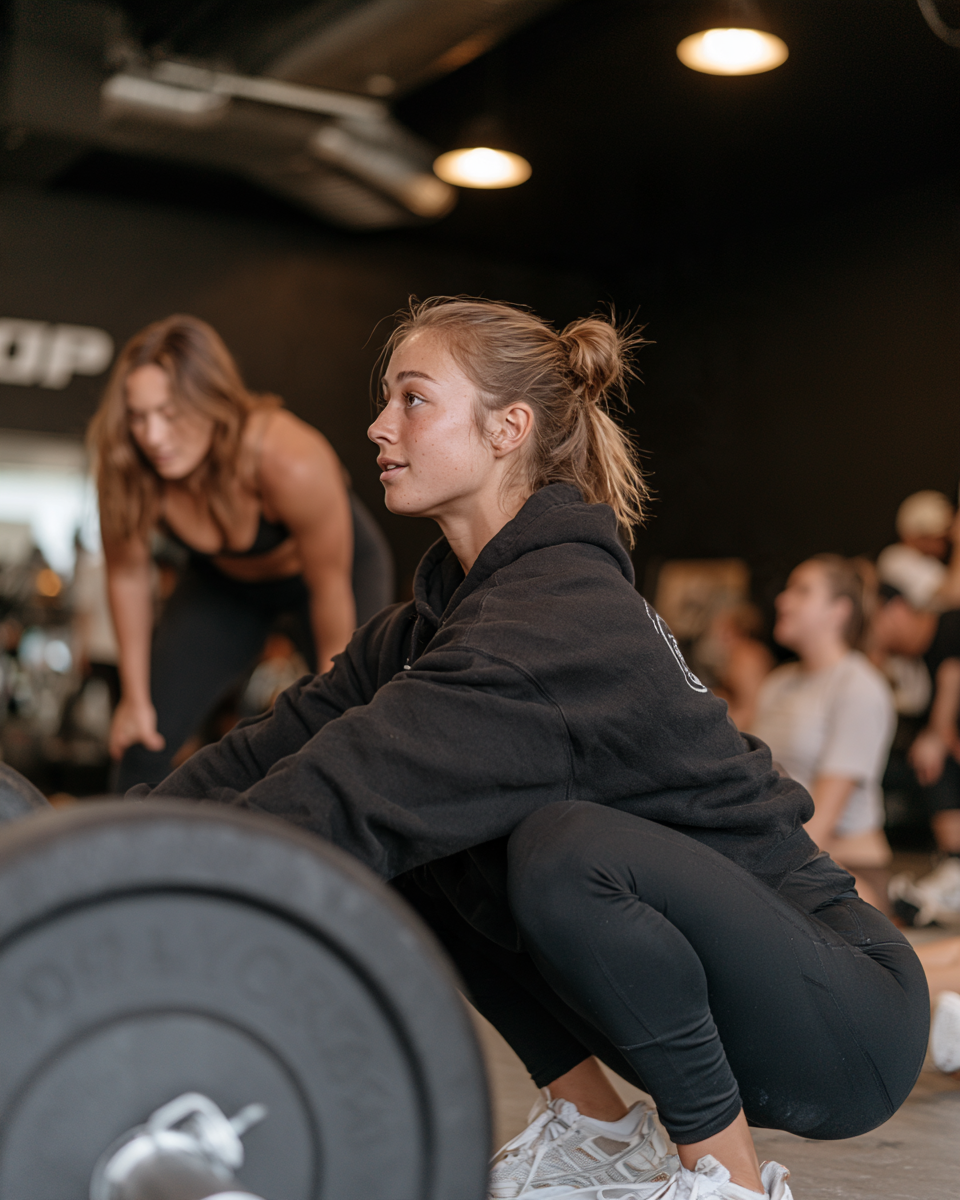 Gym member in a black hoodie squatting beside a loaded barbell during a group class