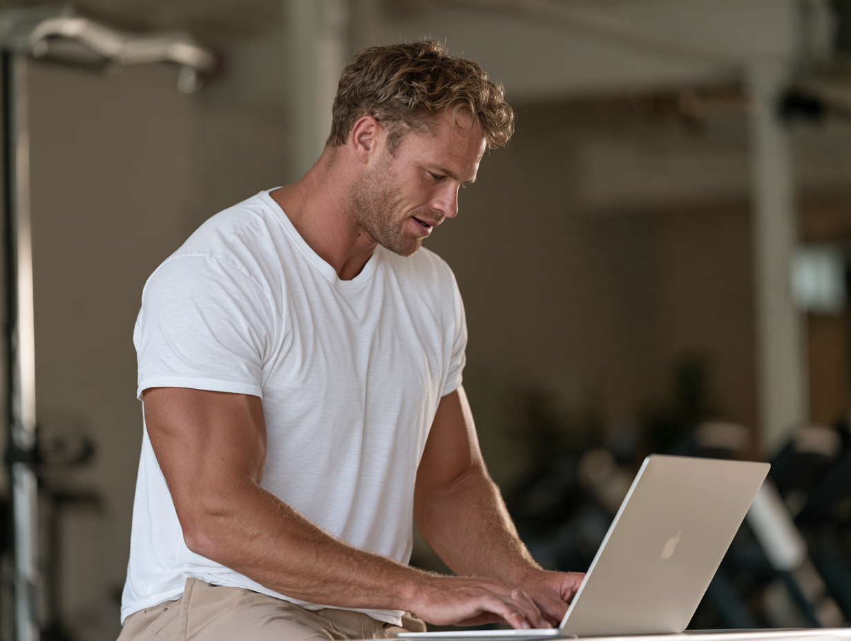 Fitness coach in a white t-shirt working on a laptop inside a gym