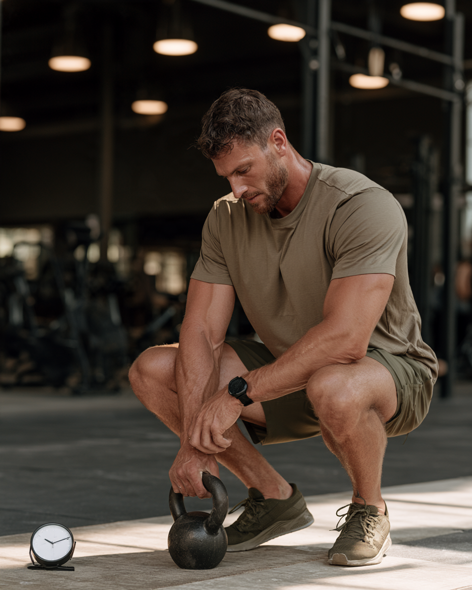 Athlete in an olive t-shirt crouching beside a kettlebell and a small clock on the gym floor