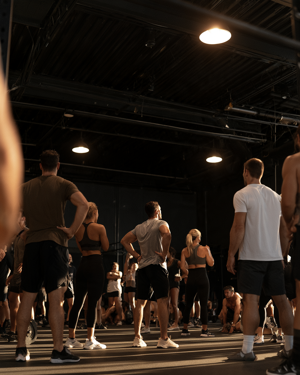 Group of athletes standing mid-class in a dark industrial gym lit by warm pendant lights