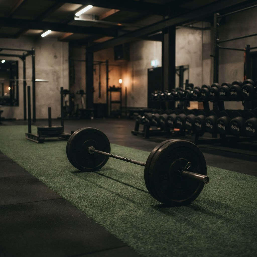 Loaded barbell resting on the turf inside a dark performance gym